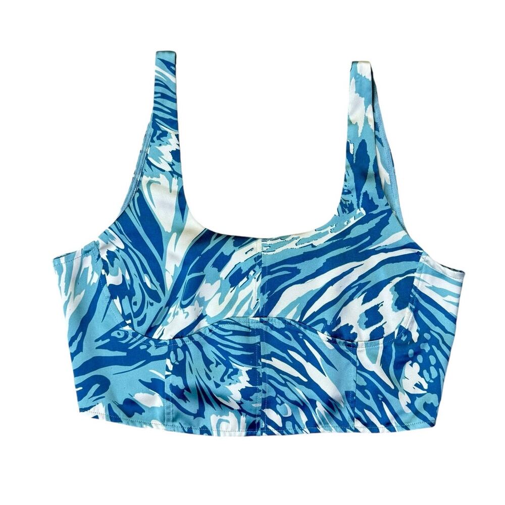 House of Harlow 1960 Blue Swirl Satin Smocked Bustier Crop Corset Tank